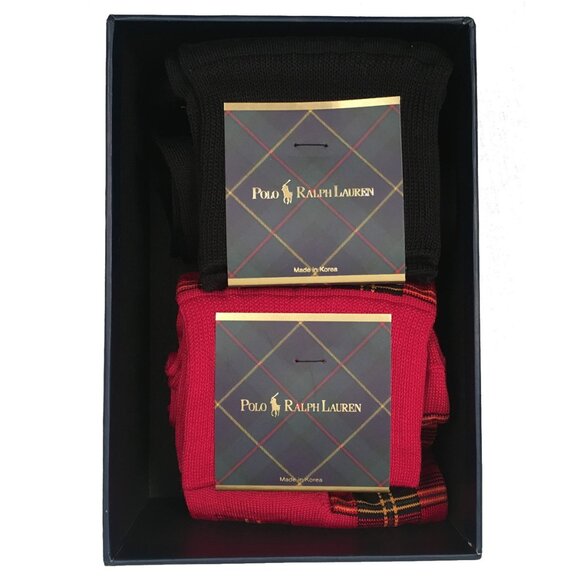 NEW Polo Ralph Lauren 2 Pair Sock Set  in Gift Box!  Black & Red Tartan Plaid - Picture 2 of 4